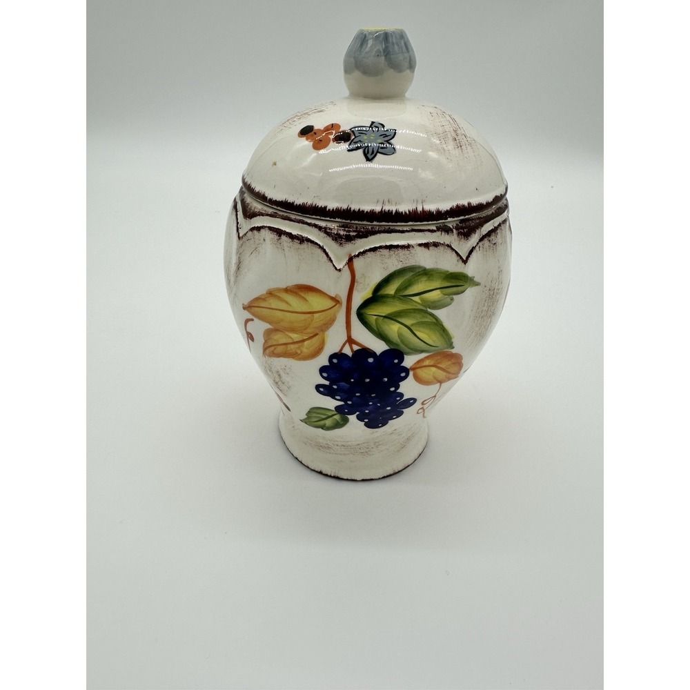W CL Ceramic Fruit Canister Jar Lid Hand Painted Grapes Pear Apple White 8in - Picture 3 of 7